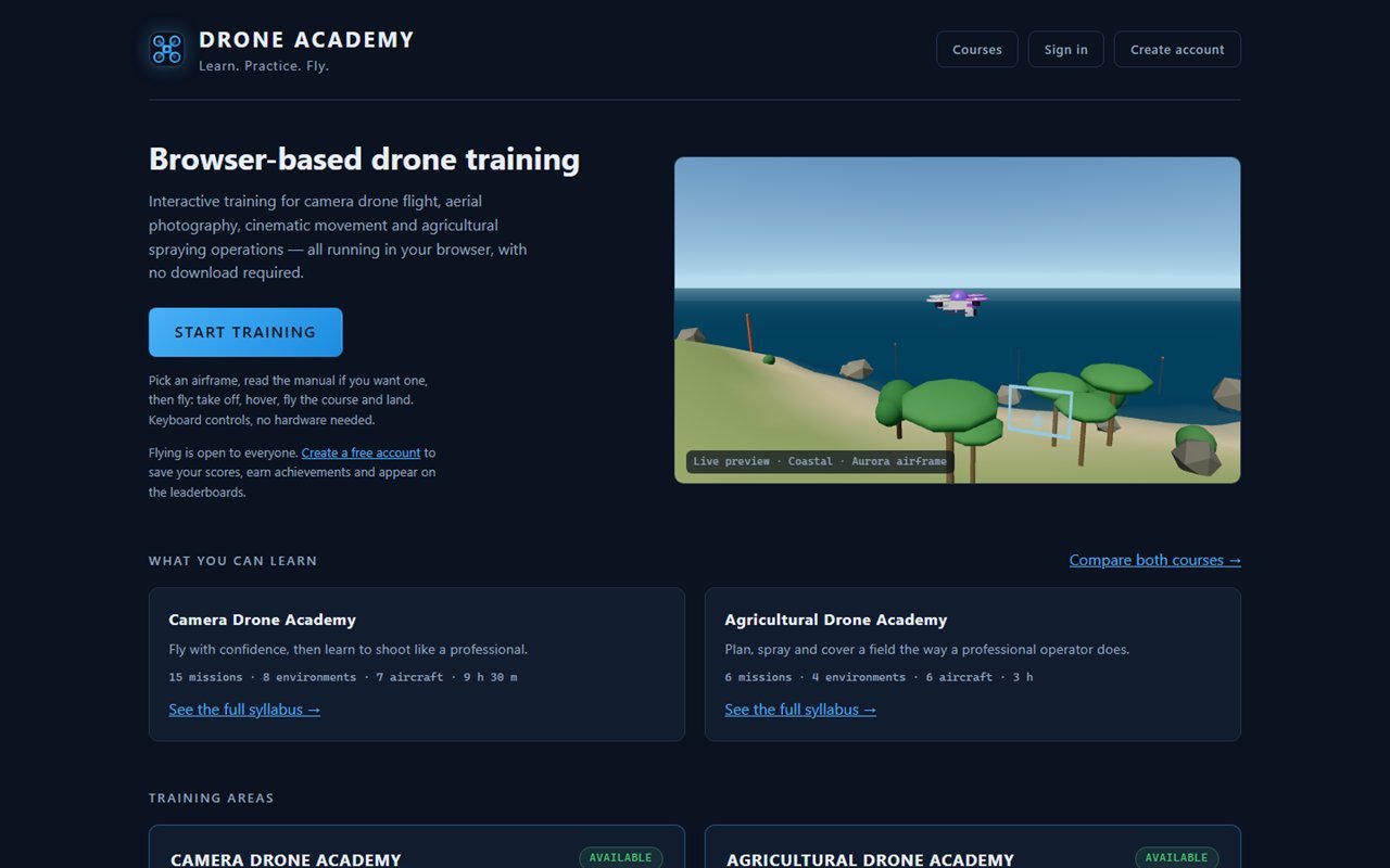 Drone Academy homepage showing a live 3D flight preview alongside the camera drone and agricultural drone course cards