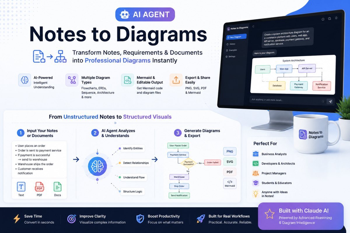 Notes to Diagram overview: notes and documents on the left, the AI agent analysing them, and generated flowchart and architecture diagrams on the right