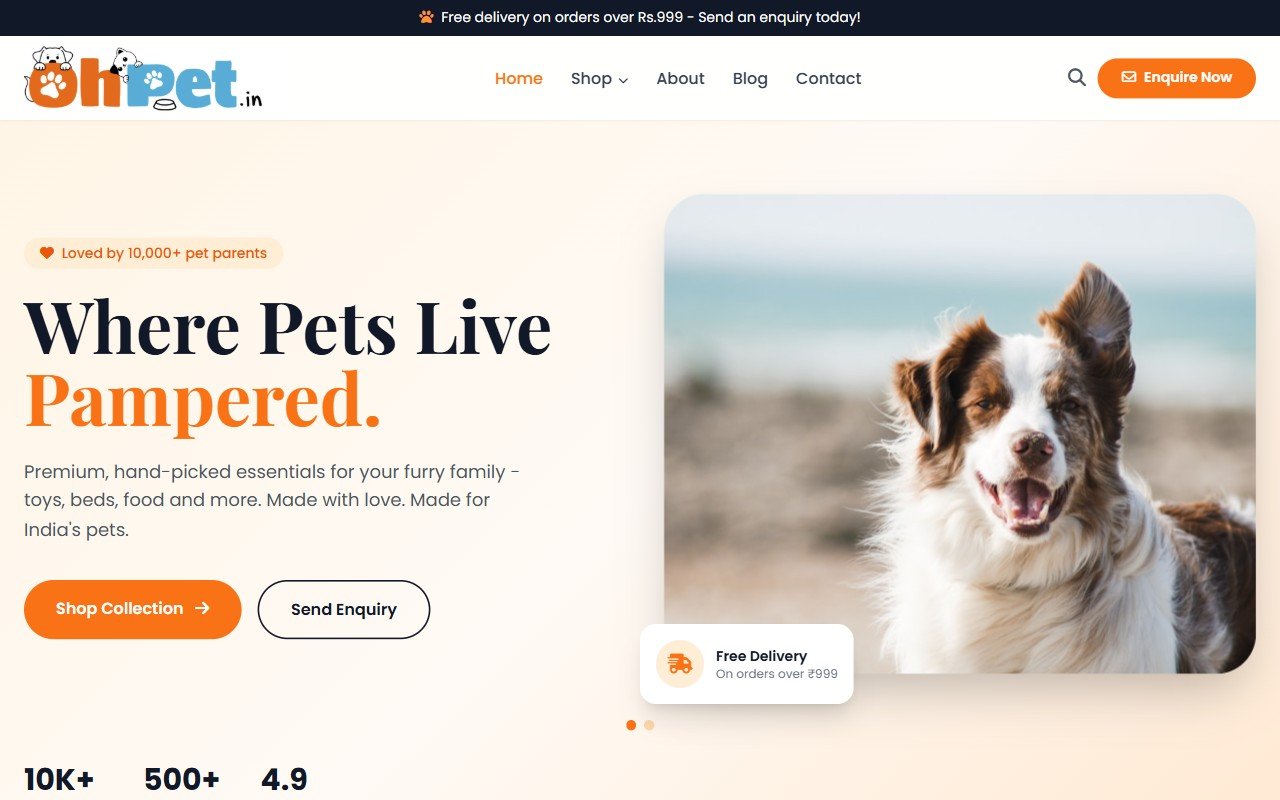OhPet.in pet essentials e-commerce homepage showing the hero banner and product categories