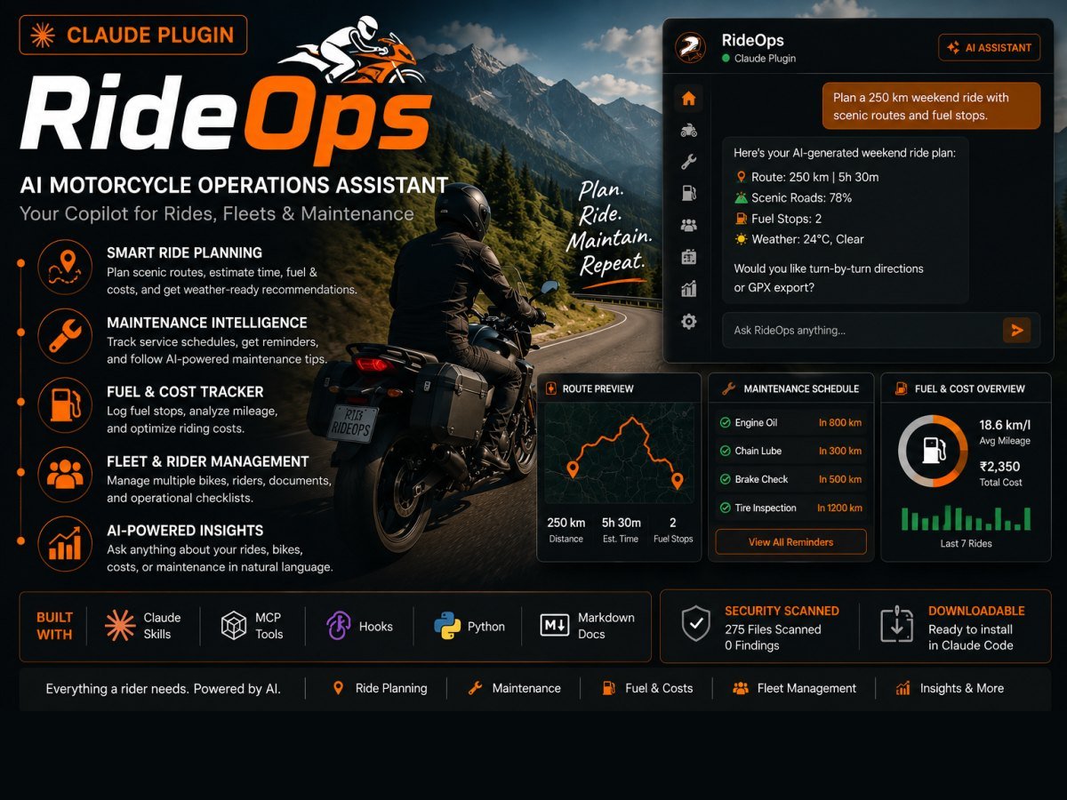RideOps overview: an AI assistant planning a 250 km weekend ride, alongside route preview, maintenance schedule and fuel cost panels