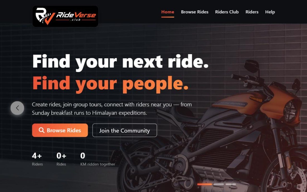 RideVerse.Club homepage hero inviting riders to browse rides and join the community