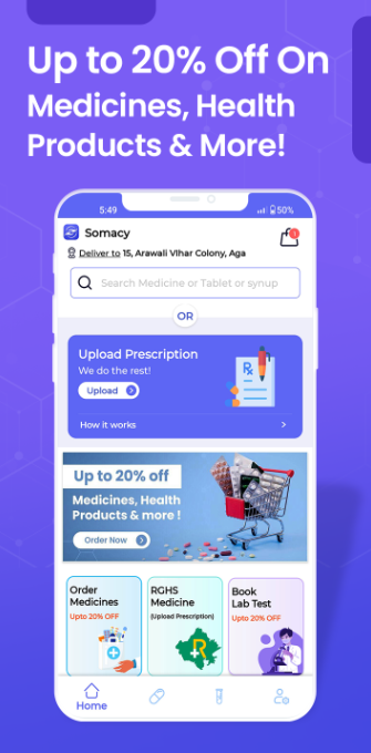 Somacy mobile app home screen for ordering medicines and lab tests